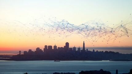 Fototapeta premium San Francisco skyline at sunrise with a neural network connectivity gradient hovering above, blending innovation with natural beauty