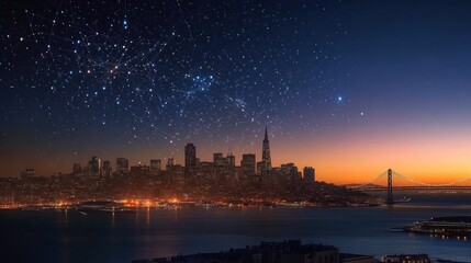 Naklejka premium San Francisco skyline with a neural network gradient in the sky, glowing connections representing AI innovation and the future of technology