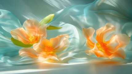 Fototapeta premium Elegant peach flowers on soft turquoise fabric under gentle light
