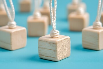 Wooden Cubes Hanging On Twine Against Blue Background