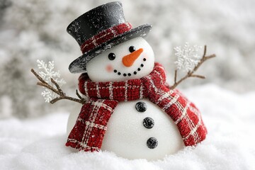 Adorable snowman in snowy scene.