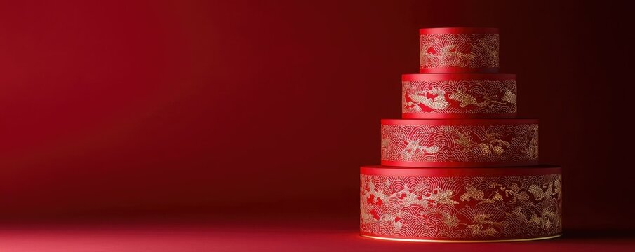 A stack of decorative red boxes on a rich red background, showcasing intricate patterns and a sense of elegance.