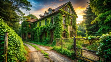 Obraz premium Abandoned building, ghostly ivy embrace, surreal photographic fusion.
