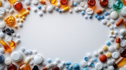 Colorful pills and capsules arranged in a frame on a white background, leaving a blank space in the center.