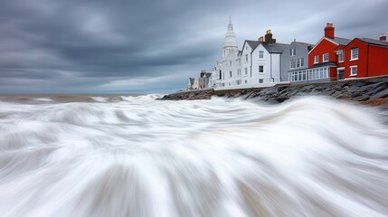 Dramatic coastal scene with waves crashing on rocks near colorful seaside homes