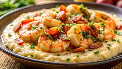Macro lens reveals the textures of shrimp and grits, a Southern culinary masterpiece.