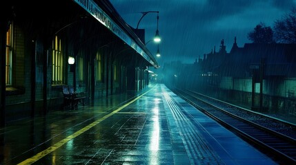 A rainy train station at night with reflections on the wet platform and dim lighting.