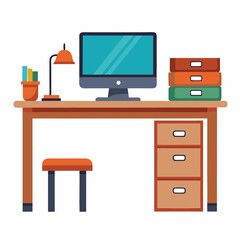 desk with computer on white background