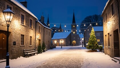 Naklejka premium Snowy Christmas Eve in a charming European village square, featuring a decorated tree, church, and traditional architecture illuminated by warm string lights.