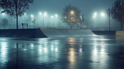A misty skatepark at night, illuminated by soft lights reflecting on wet surfaces.