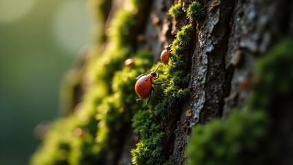Close-up of tree bark with moss and tiny insects, showing intricate details and textures in a realistic macro shot.