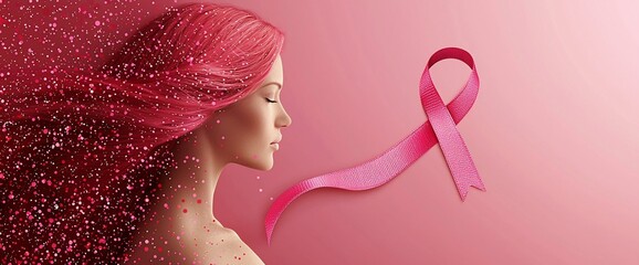 Pink ribbon and woman with pink hair.