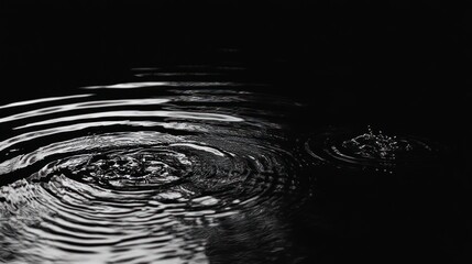 Black and white close-up of concentric ripples on dark water surface.
