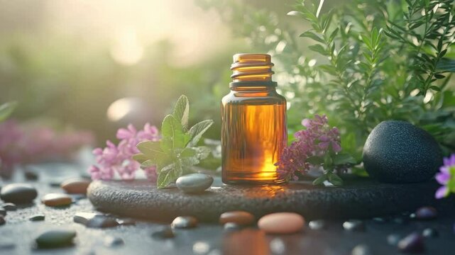 Aromatic essential oil bottle surrounded by vibrant herbs, flowers, and stones in nature, creating serene atmosphere for wellness and relaxation.