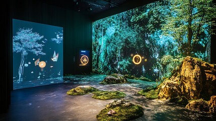An augmented reality display showcasing a mix of virtual objects interacting with natural scenery