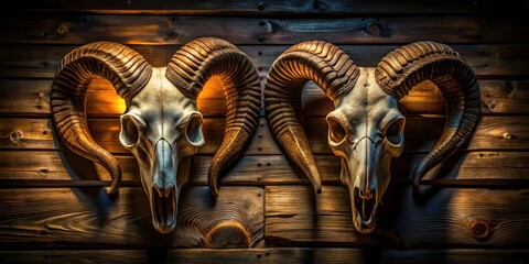 Fototapeta premium Dark and dramatic wildlife décor: night photography showcases majestic ram head wall mounts.