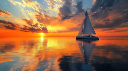 Wide-angle shot of a catamaran yacht on tranquil ocean waters, white sails swaying gently under the warm tones of a summer sunset