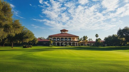 Obraz premium Wide-angle shot of a prestigious golf club building, its elegant architecture and lush grounds creating a serene yet grand visual under a bright blue sky