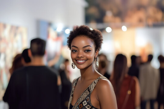 A woman with a big smile is standing in front of a crowd of people