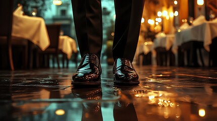 A realistic close-up of waiter’s polished black shoes with subtle reflections on a smooth floor, blurred dining area with folded napkins and delicate lighting in the background, warm hues,