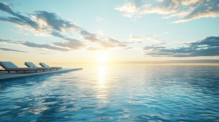 Obraz premium Wide-angle shot of a sunlit infinity pool at a resort, its edges merging with the ocean horizon, inviting chaise lounges framing the scenic view