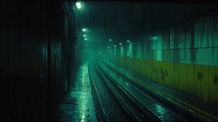 Fototapeta premium A dimly lit subway tunnel with rain and reflections creating a moody atmosphere.