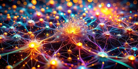 Futuristic AI neural network art: abstract digital patterns, complex technology, artificial intelligence visualized.