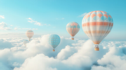Naklejka premium Pastel-colored hot air balloons floating among clouds under a bright blue sky