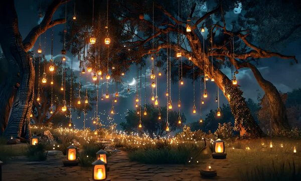 Enchanting night scene with glowing lanterns hanging from trees and illuminating a pathway.