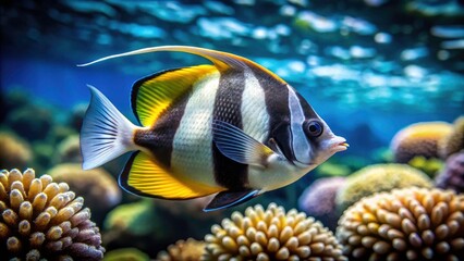 Fototapeta premium High-resolution stock photo: a monochrome Heniochus butterflyfish, beautifully frozen mid-swim underwater.