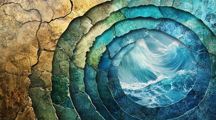 Layered cracked earth reveals swirling sea waves.