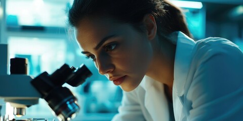 Female scientist in white lab coat examining samples under a microscope.