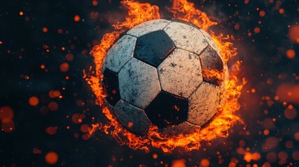 Fototapeta premium Flaming Soccer Ball Surrounded by Fire and Sparks Against Dark Background