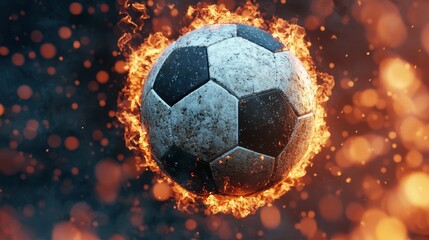 Naklejka premium Flaming Soccer Ball Surrounded by Dynamic Fire and Sparkle Effects