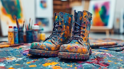 A vibrant close-up of painter’s old work boots covered in splashes of bright paint on a tarp, blurred abstract artwork and open paint tubes in the background, soft golden lighting, ultra-sharp focus,