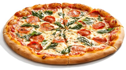 Delicious Pepperoni Pizza with Fresh Basil on a Wooden Table