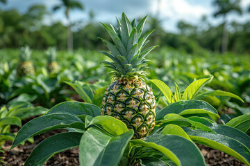 Single pineapple growing in field of green plants.