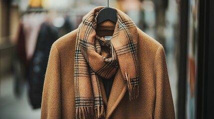 Obraz premium Elegant brown coat with stylish checkered scarf on display outdoors