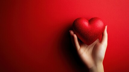 Obraz premium Woman hand holding a red heart against a matching red background, top view, minimalist composition with ample room for heartfelt text