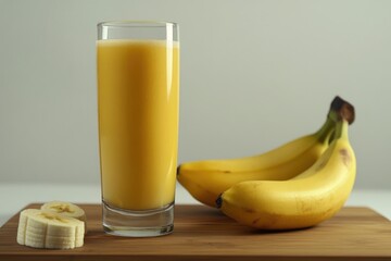 Glass of orange juice is on a wooden table next to two bananas. The bananas are ripe and ready to eat