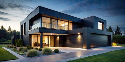 Night photography captures a modern black house's sharp lines and sophisticated exterior design.