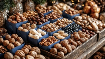 Fototapeta premium Wooden crate filled with various nuts and seeds, displayed in small blue paper bags, creating a rich autumnal scene.