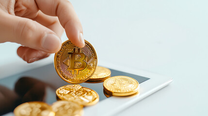 Fototapeta premium person holding Bitcoin coin above tablet, symbolizing digital currency investment