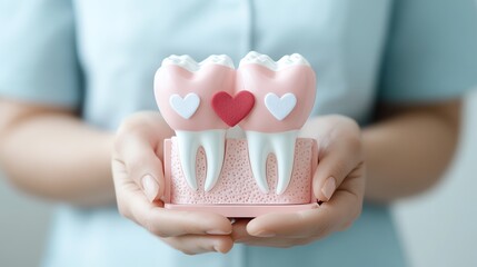 Dentist holding charming dental teeth with heart decorations, symbolizing oral health love.