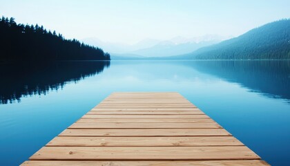Obraz premium A serene wooden dock extends into a calm lake, surrounded by misty mountains and lush forests, creating a tranquil natural landscape.