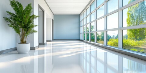 Fototapeta premium A bright, modern hallway featuring large windows, glossy floors, and a potted plant, creating a spacious and airy atmosphere.
