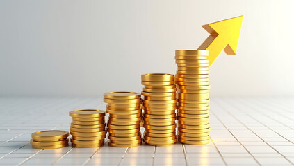 A rising arrow made of stacked coins against a minimalist grid background, symbolizing financial growth.

