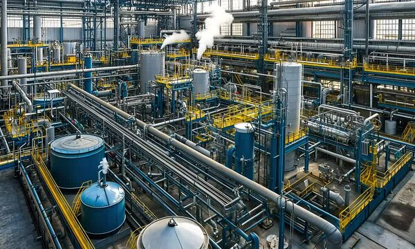 Industrial factory interior with complex machinery, pipes, and tanks.
