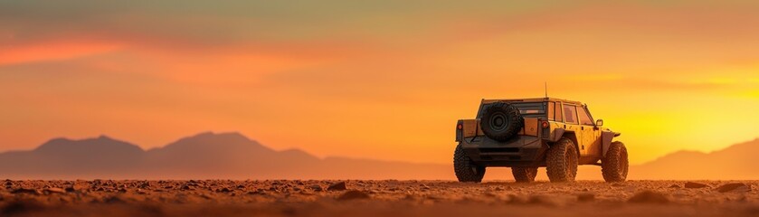 A rugged vehicle parked against a stunning desert sunset landscape.