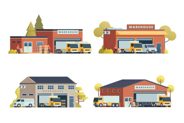 Warehouse Building Vector Illustration with logistic truck and van. Flat style elements bundle.